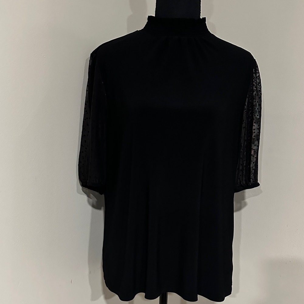 *ANNE KLEIN* Black Mock Neck Sheer Sleeve Top Size Large